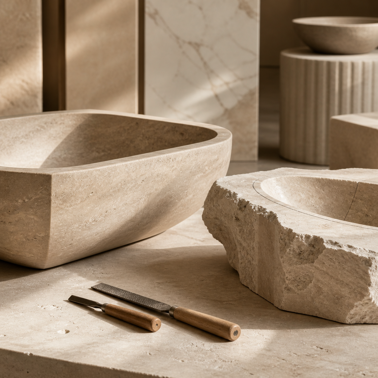 Handcrafted stone basin and carving tools showing OIXDESIGN craftsmanship beyond standard production