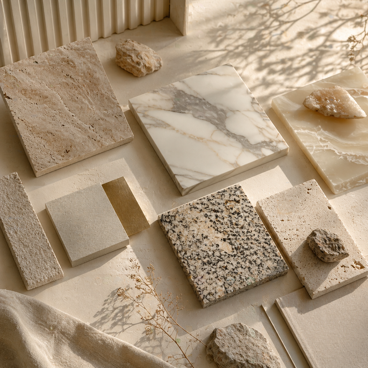 OIXDESIGN curated natural stone material samples showing depth, texture, and finish selection