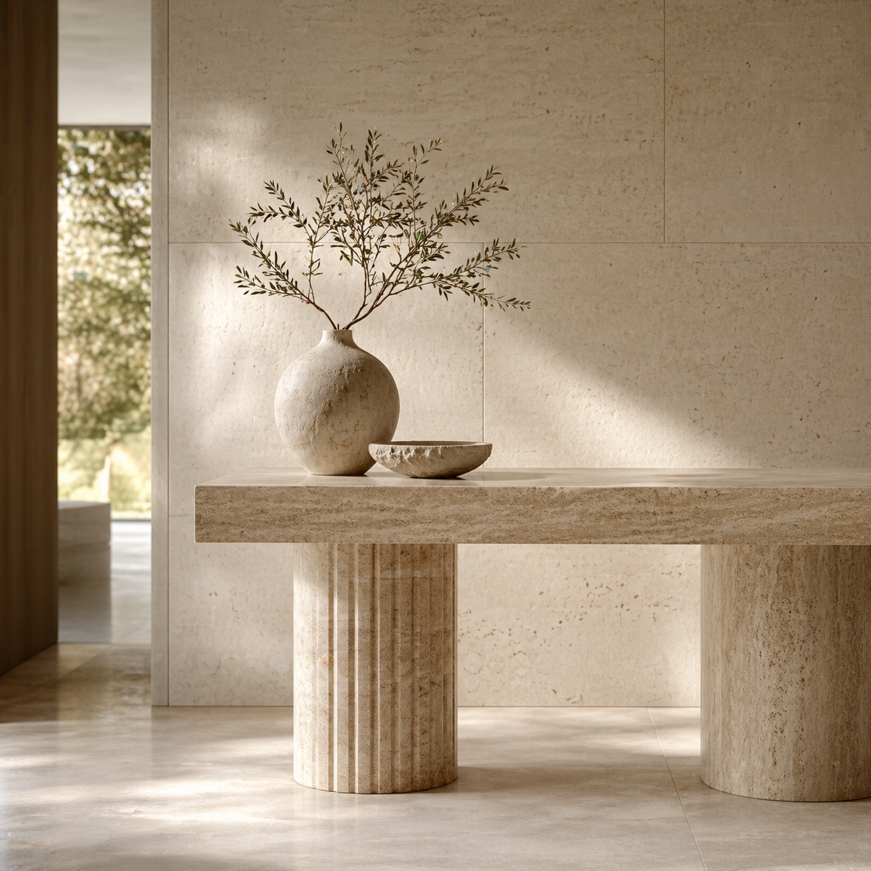OIXDESIGN natural stone console table in a warm minimalist interior showing refined design clarity