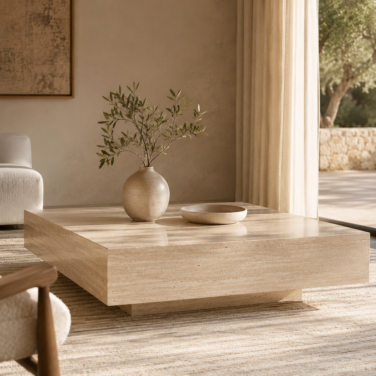 Minimalist living room interior with natural stone styling representing Why OIXDESIGN