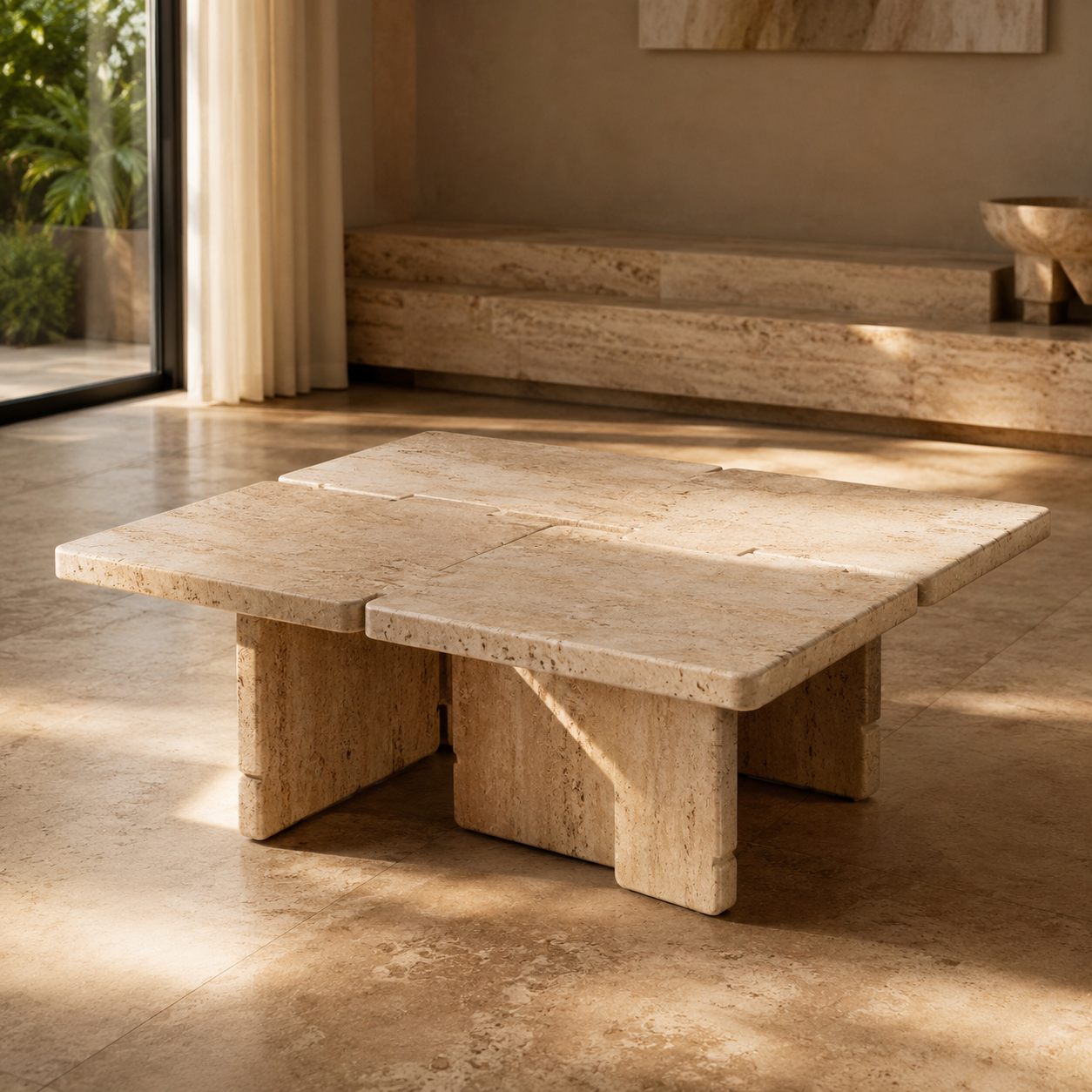 Modular natural stone table displayed in a warm minimalist interior, representing the design philosophy and craftsmanship of OIXDESIGN.