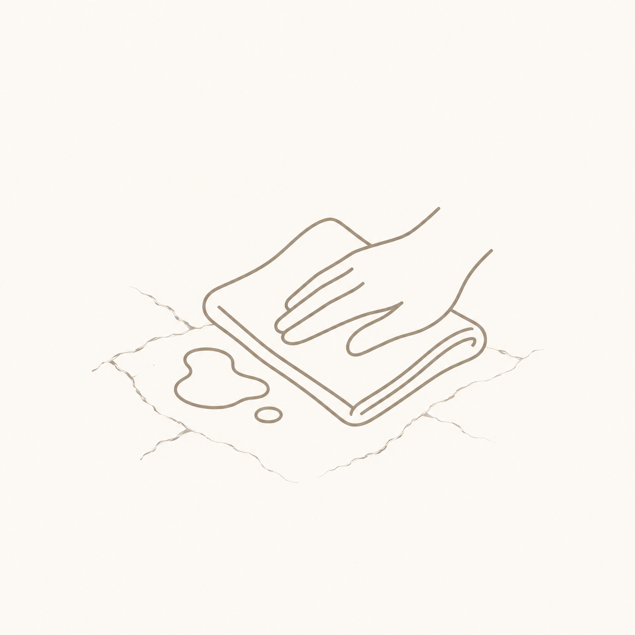 Minimal line icon of a hand wiping a spill with a cloth, representing quick spill removal for natural stone care.