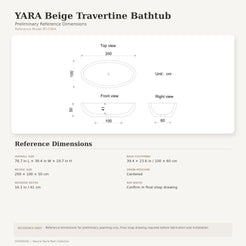 YARA beige travertine bathtub reference dimensions showing 78.7 by 39.4 by 19.7 inches with centered drain