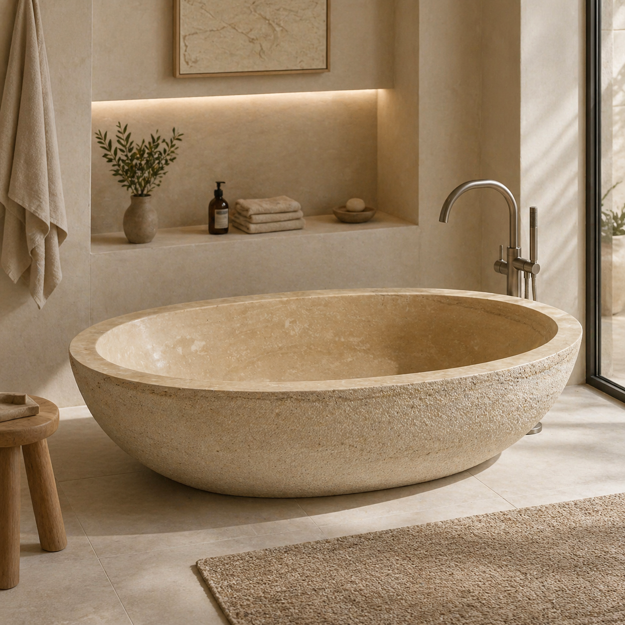 YARA Freestanding Soaking Bathtub – Beige Travertine