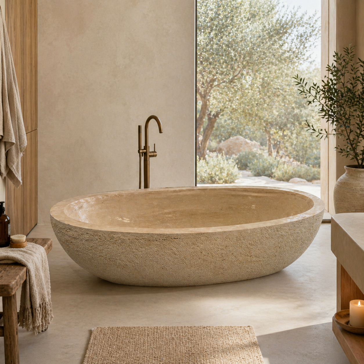 YARA Freestanding Soaking Bathtub – Beige Travertine