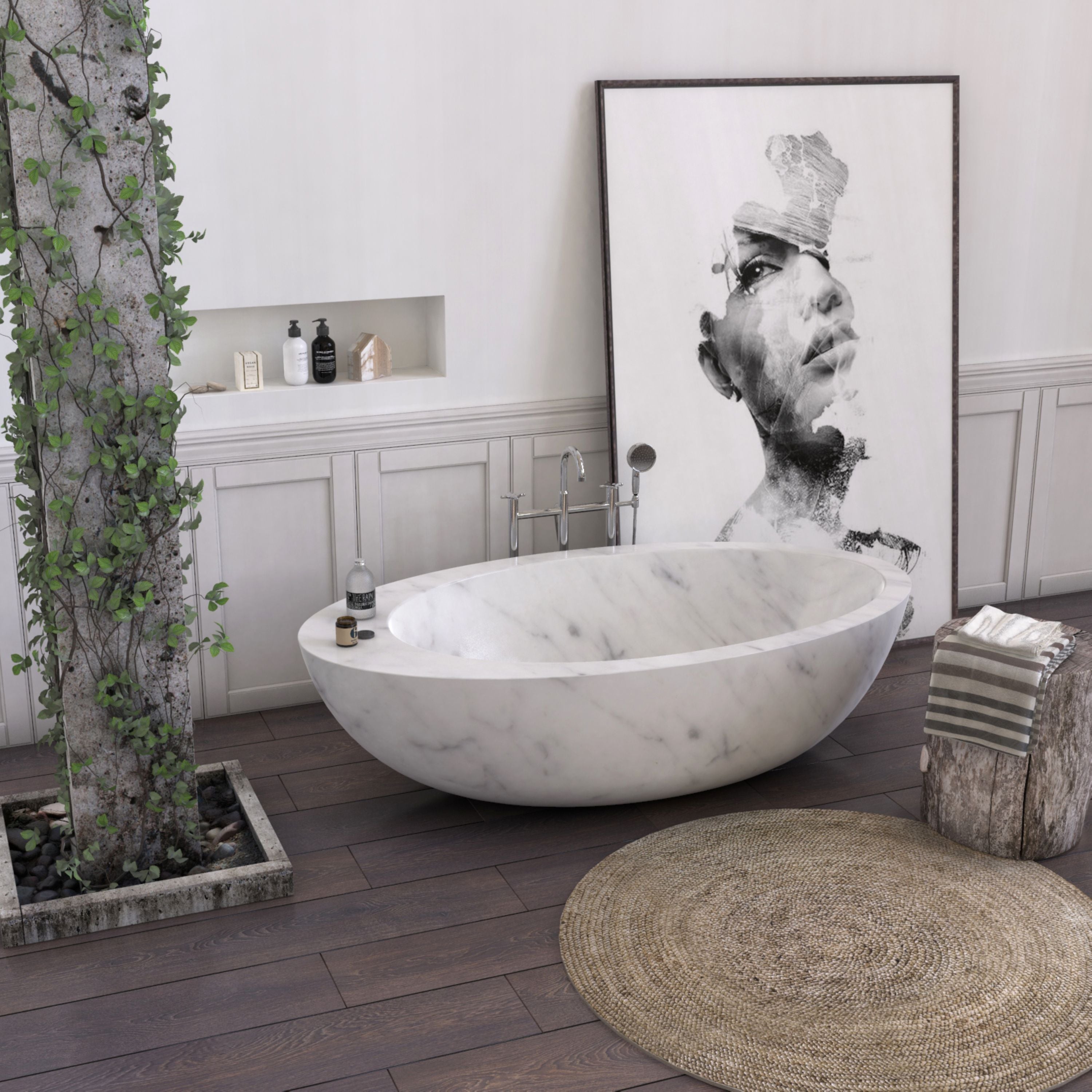 Yaris Freestanding Marble Soaking Bathtub – Carrara White Marble