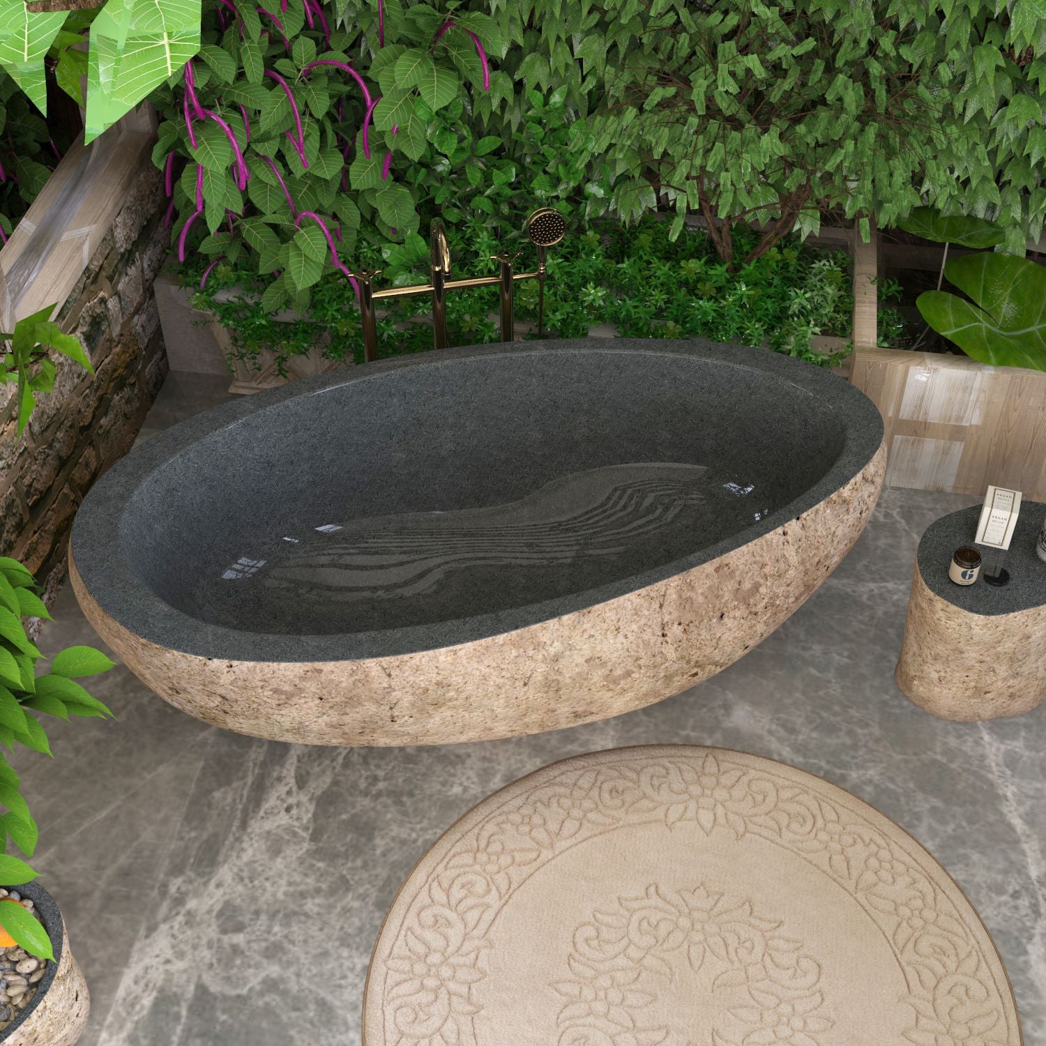 Yitta Freestanding Granite Soaking Bathtub – Filetto Cobble Stone