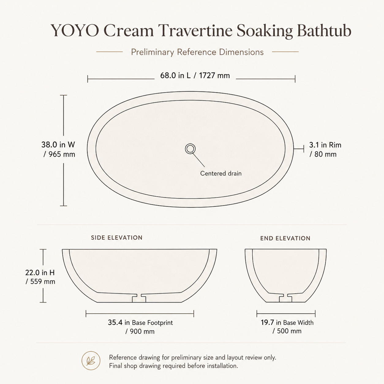 YOYO cream travertine bathtub preliminary dimensions showing 68 by 38 by 22 inches and centered drain