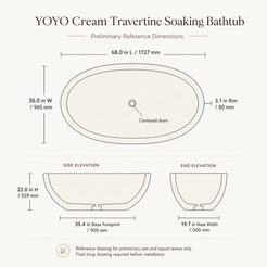 YOYO cream travertine bathtub preliminary dimensions showing 68 by 38 by 22 inches and centered drain