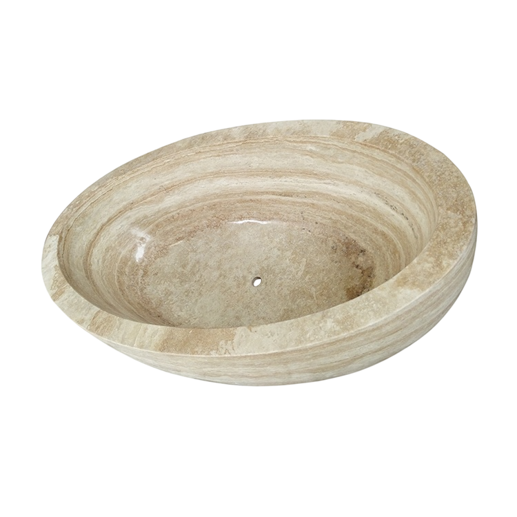 Real interior view of the YOYO cream travertine bathtub showing the oval basin and centered drain