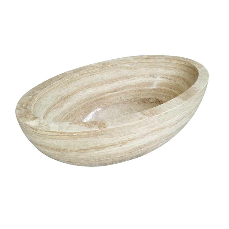 Real product perspective view of the YOYO cream travertine freestanding soaking bathtub