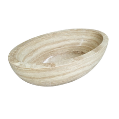 Real product perspective view of the YOYO cream travertine freestanding soaking bathtub
