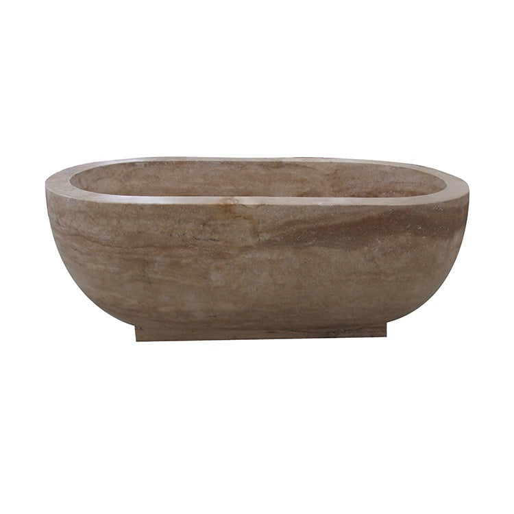 Real side view of the YVANA brown travertine freestanding bathtub showing its solid stone base