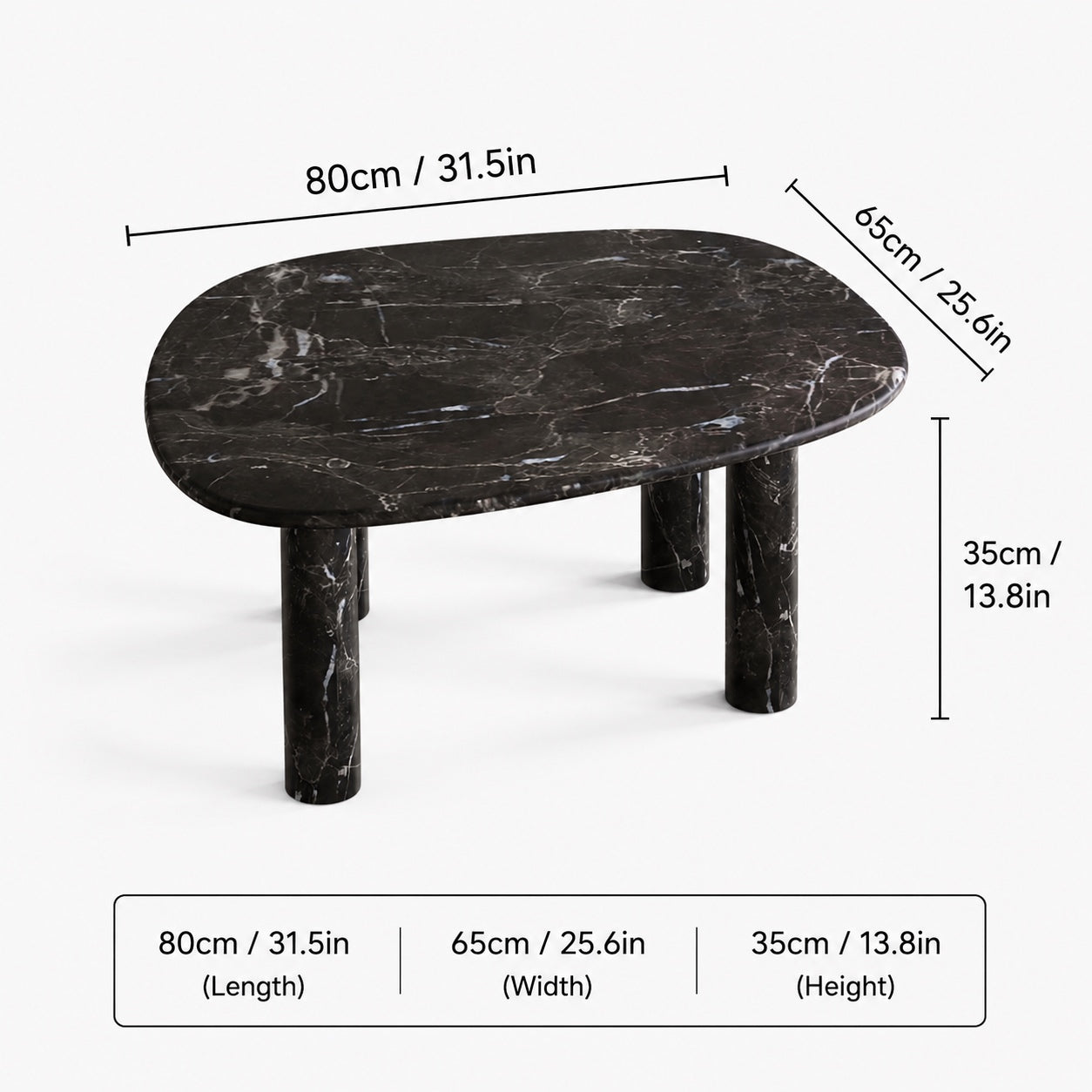 OIXDESIGN ZenPebble black marble coffee table size and dimensions in cm and inches