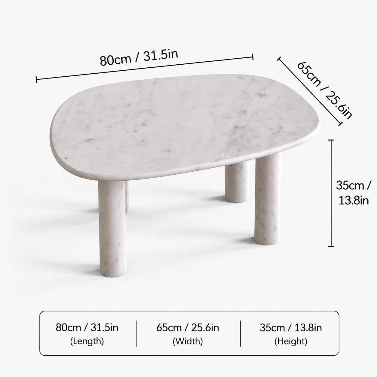 OIXDESIGN ZenPebble Carrara white marble coffee table size and dimensions in cm and inches