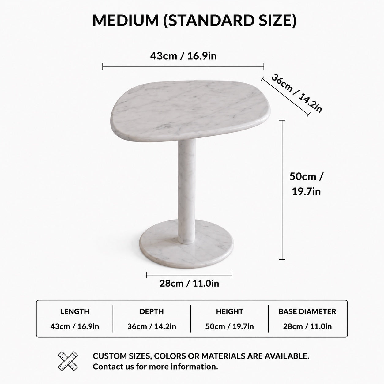 OIXDESIGN ZenPebble Carrara white marble side table standard and custom size dimensions in cm and inches