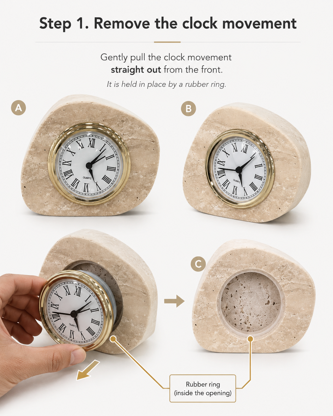 Step 1 for OIXDESIGN ZenPebble natural stone desk clock battery installation, gently pull the clock movement out from the front of the stone body.