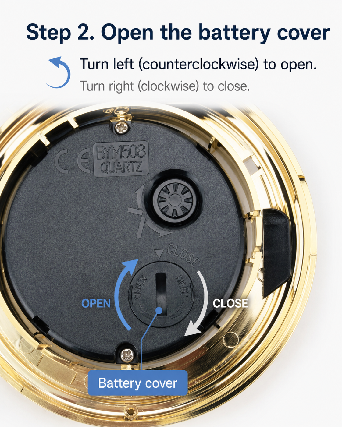 Step 2 for OIXDESIGN ZenPebble natural stone desk clock battery installation, turn the battery cover counterclockwise on the back of the clock movement to open it.