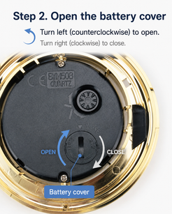 Step 2 for OIXDESIGN ZenPebble natural stone desk clock battery installation, turn the battery cover counterclockwise on the back of the clock movement to open it.