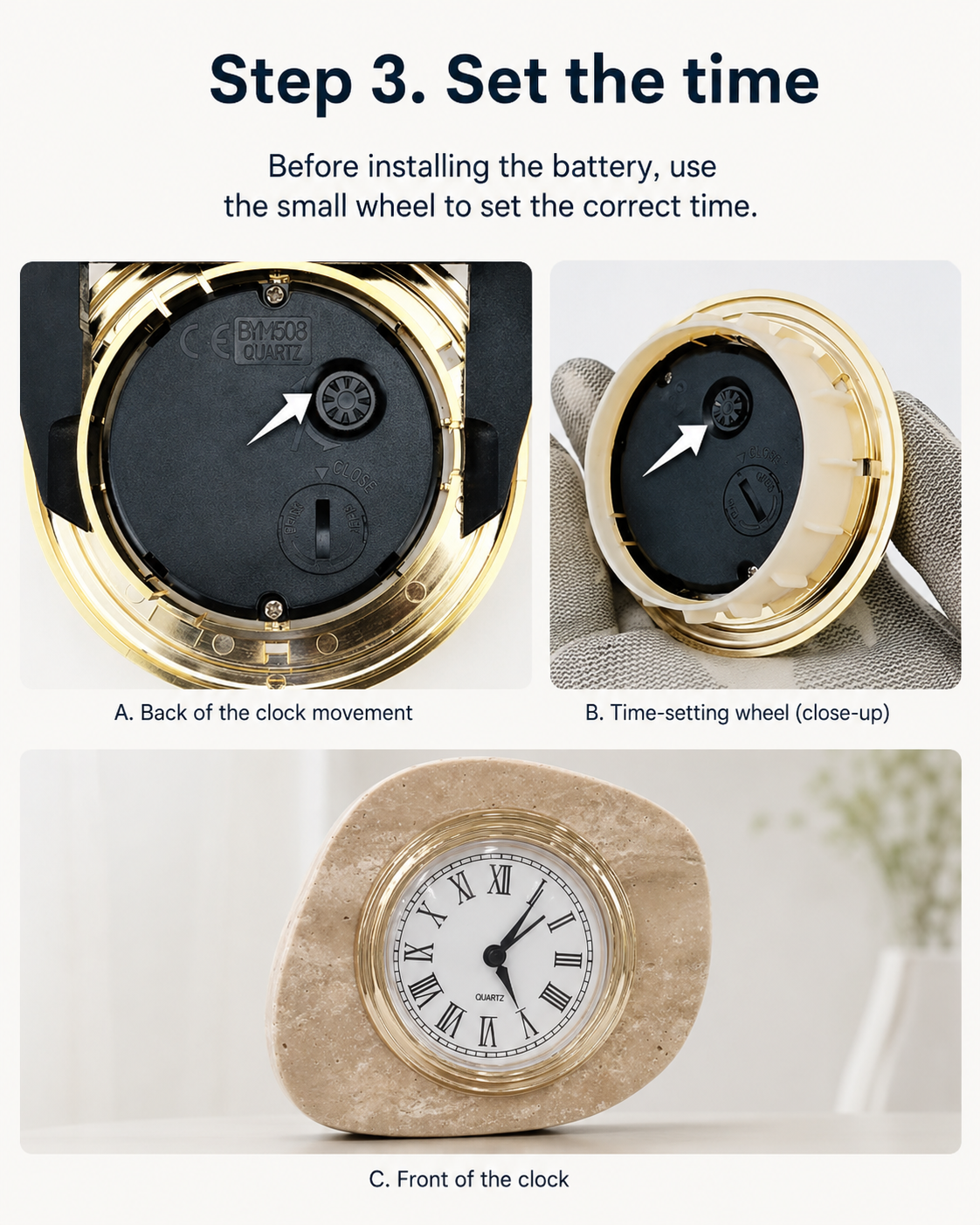 Step 3 for OIXDESIGN ZenPebble natural stone desk clock battery installation, use the small wheel on the back of the clock movement to set the correct time.
