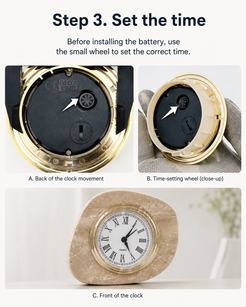 Step 3 for OIXDESIGN ZenPebble natural stone desk clock battery installation, use the small wheel on the back of the clock movement to set the correct time.
