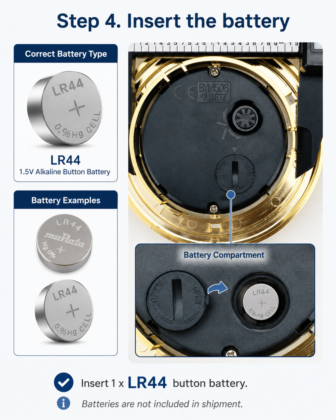 Step 4 for OIXDESIGN ZenPebble natural stone desk clock battery installation, insert one LR44 button battery with the positive side facing outward