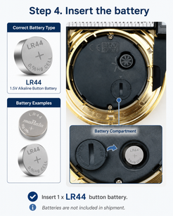 Step 4 for OIXDESIGN ZenPebble natural stone desk clock battery installation, insert one LR44 button battery with the positive side facing outward