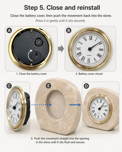 Step 5 for OIXDESIGN ZenPebble natural stone desk clock battery installation, close the battery cover and gently push the clock movement back into the stone body.