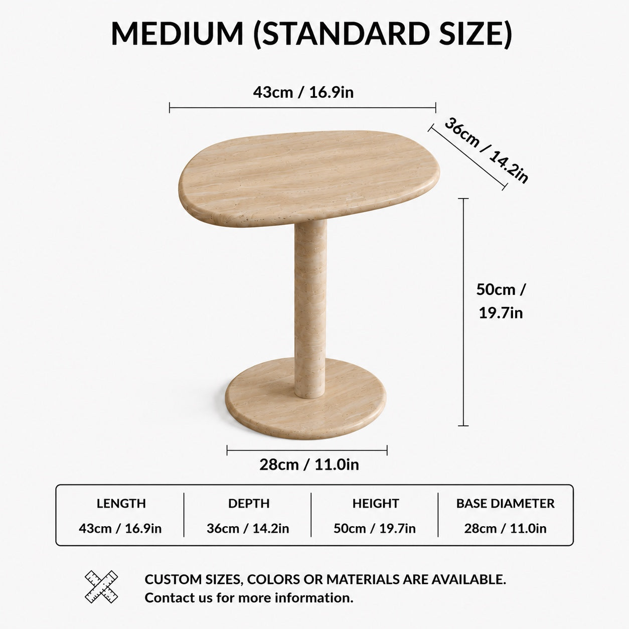 OIXDESIGN ZenPebble travertine side table standard and custom size dimensions in cm and inches