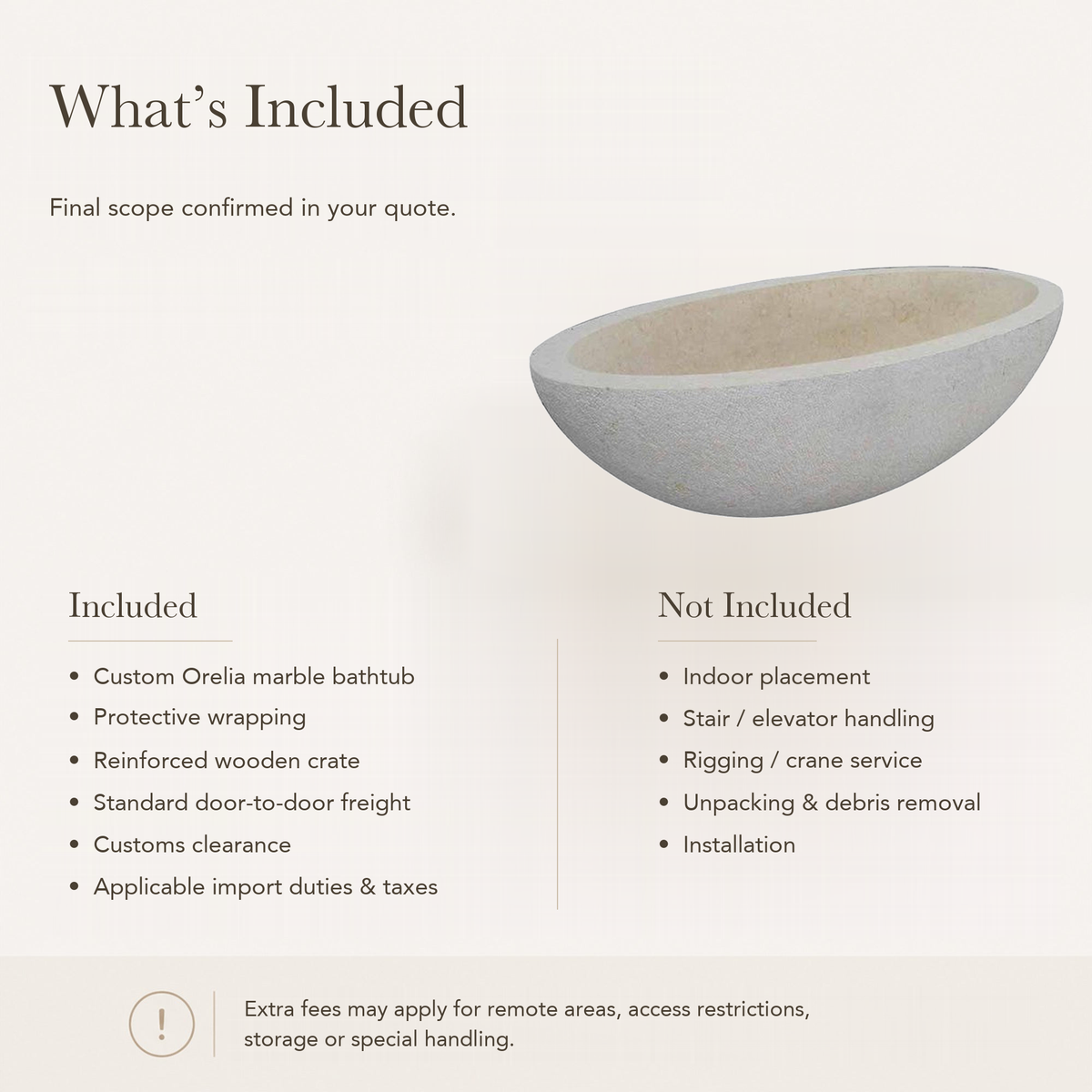 Orelia Wide Oval Bowl Freestanding Soaking Bathtub – Galala Cream Marble — What’s Included in the Reference Price.