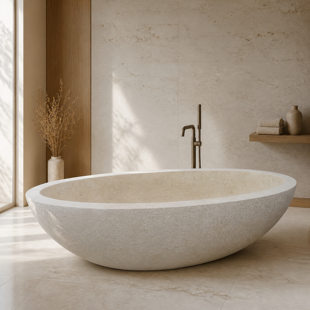 Orelia Wide Oval Bowl Freestanding Soaking Bathtub – Galala Cream Marble in a warm ivory-limestone luxury bathroom; exact product geometry and material preserved