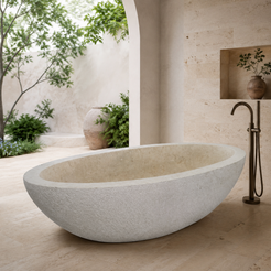Orelia Wide Oval Bowl Freestanding Soaking Bathtub – Galala Cream Marble in a bright serene courtyard spa bathroom; exact product geometry and material preserved