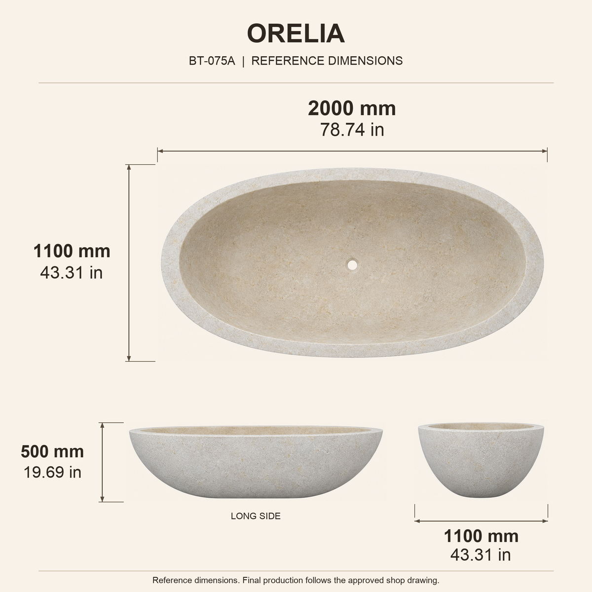 Orelia Wide Oval Bowl Freestanding Soaking Bathtub – Galala Cream Marble reference dimension drawing with top, long-side and short-end views, measurements in millimetres and inches.
