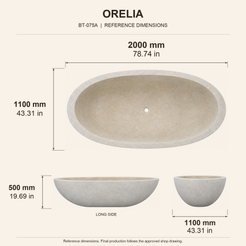 Orelia Wide Oval Bowl Freestanding Soaking Bathtub – Galala Cream Marble reference dimension drawing with top, long-side and short-end views, measurements in millimetres and inches.