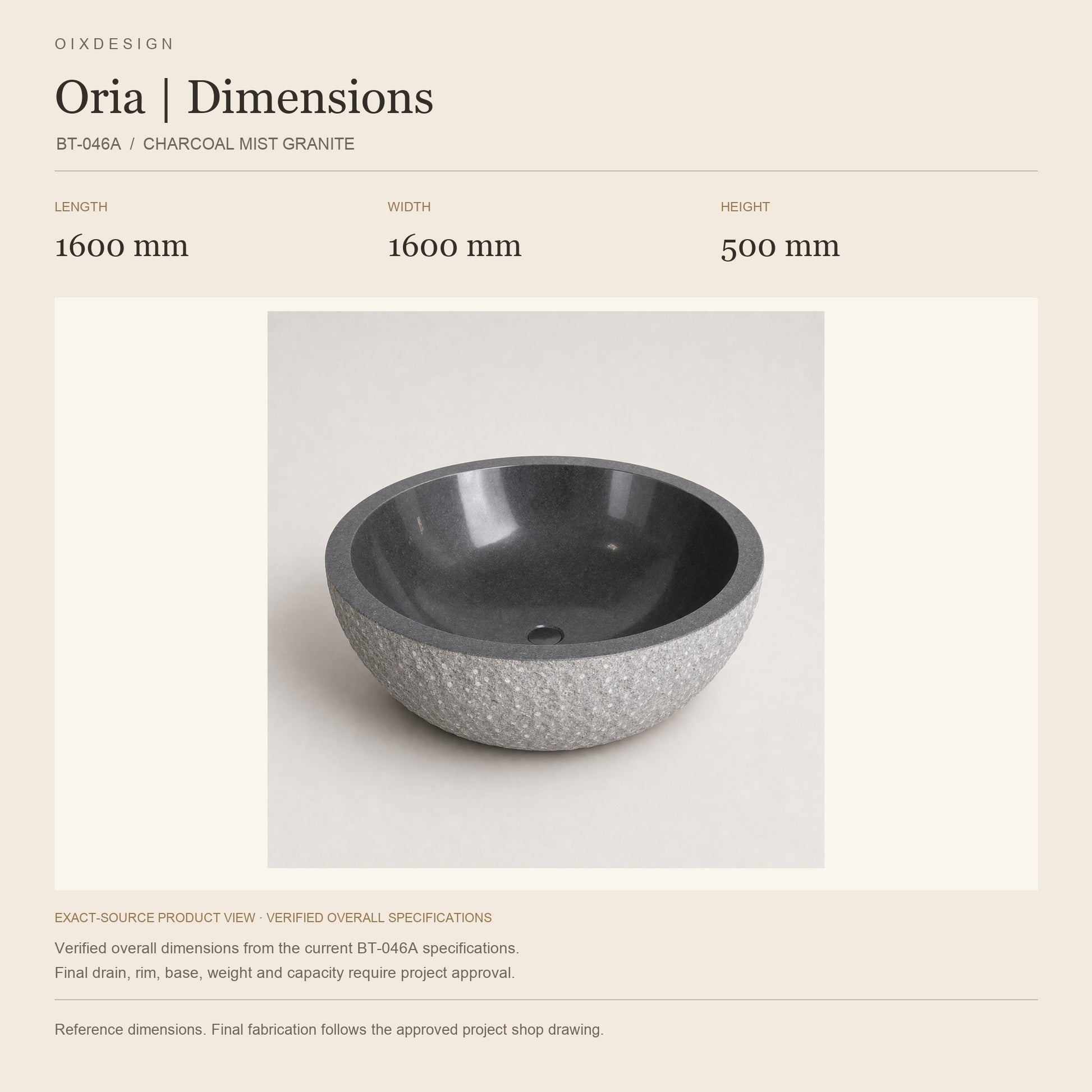 Oria BT-046A Charcoal Mist Granite bathtub reference dimensions: 1600 mm × 1600 mm × 500 mm, shown in a warm ivory technical layout