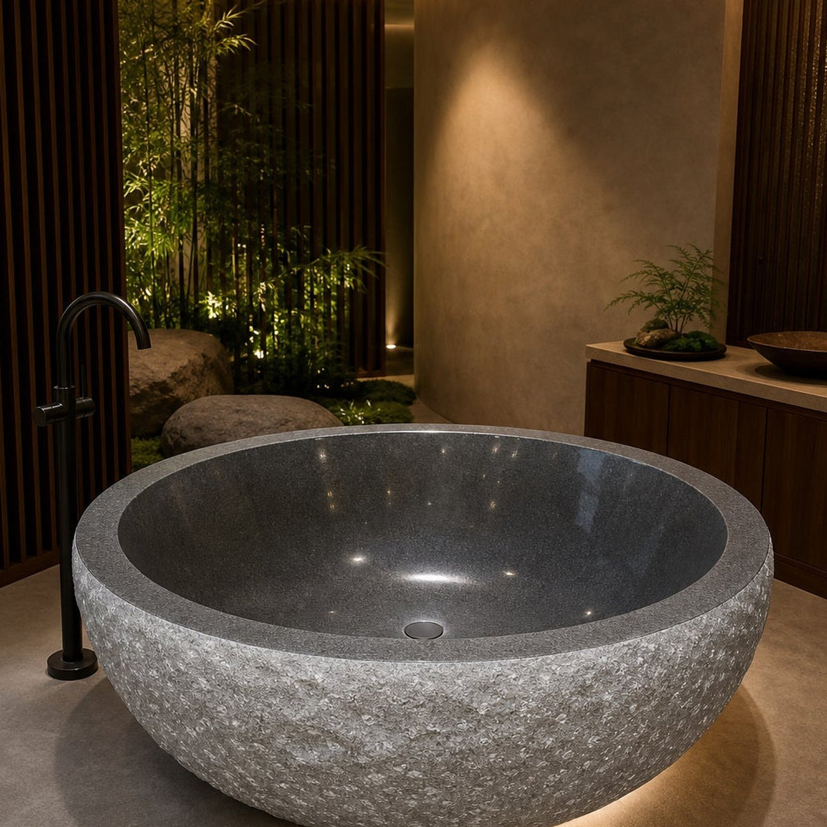 Oria round Charcoal Mist Granite freestanding soaking bathtub, luxury spa lifestyle view, cropped from original