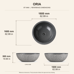 Oria Round Freestanding Charcoal Mist Granite Soaking Bathtub reference dimension drawing with top, long-side and short-end views, measurements in millimetres and inches.