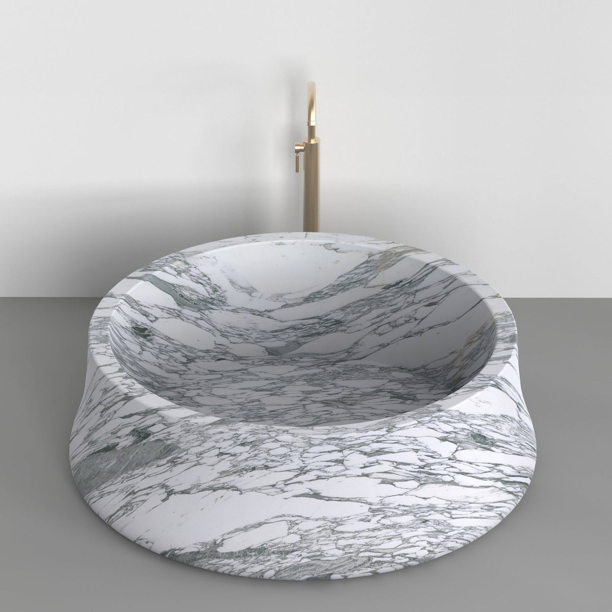 Orlena BT-138A Italian Arabescato Marble sculptural round bathtub, full-frame hero design rendering
