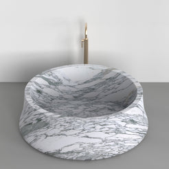 Orlena BT-138A Italian Arabescato Marble sculptural round bathtub, full-frame hero design rendering
