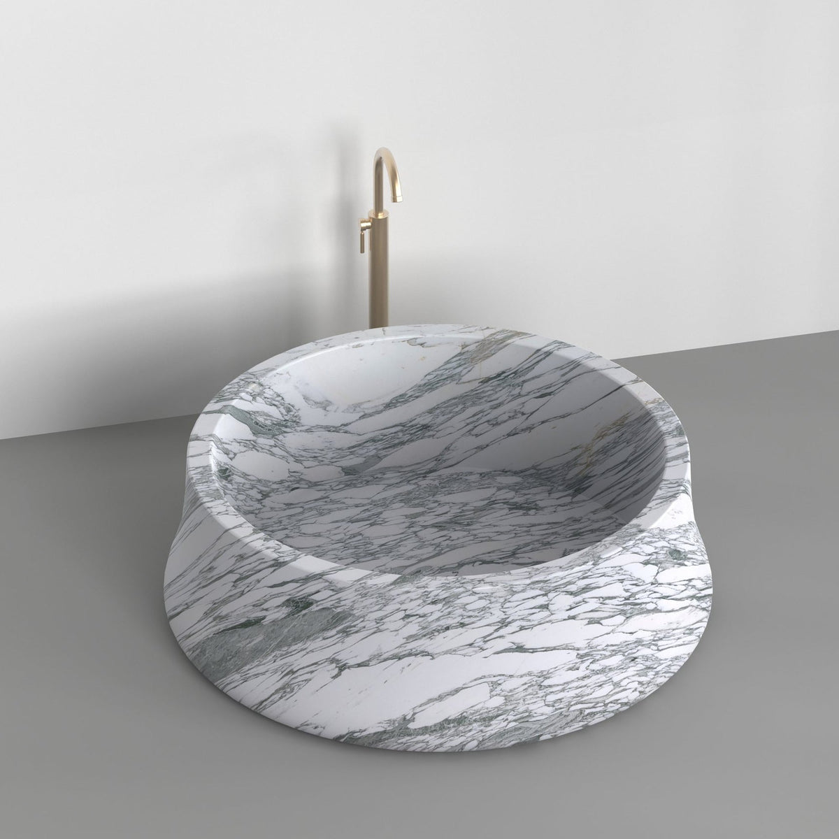 Orlena BT-138A Italian Arabescato Marble sculptural round bathtub, full-frame second design rendering