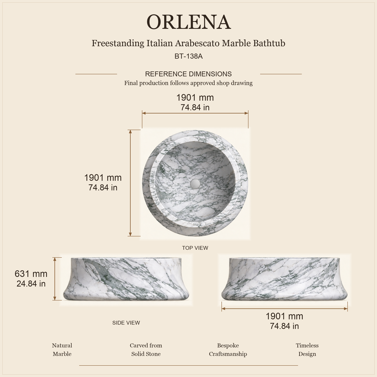 Orlena BT-138A Italian Arabescato Marble bathtub dimensions: 1901 x 1901 x 631 mm (74.84 x 74.84 x 24.84 in), top, long side and end views.
