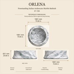 Orlena BT-138A Italian Arabescato Marble bathtub dimensions: 1901 x 1901 x 631 mm (74.84 x 74.84 x 24.84 in), top, long side and end views.