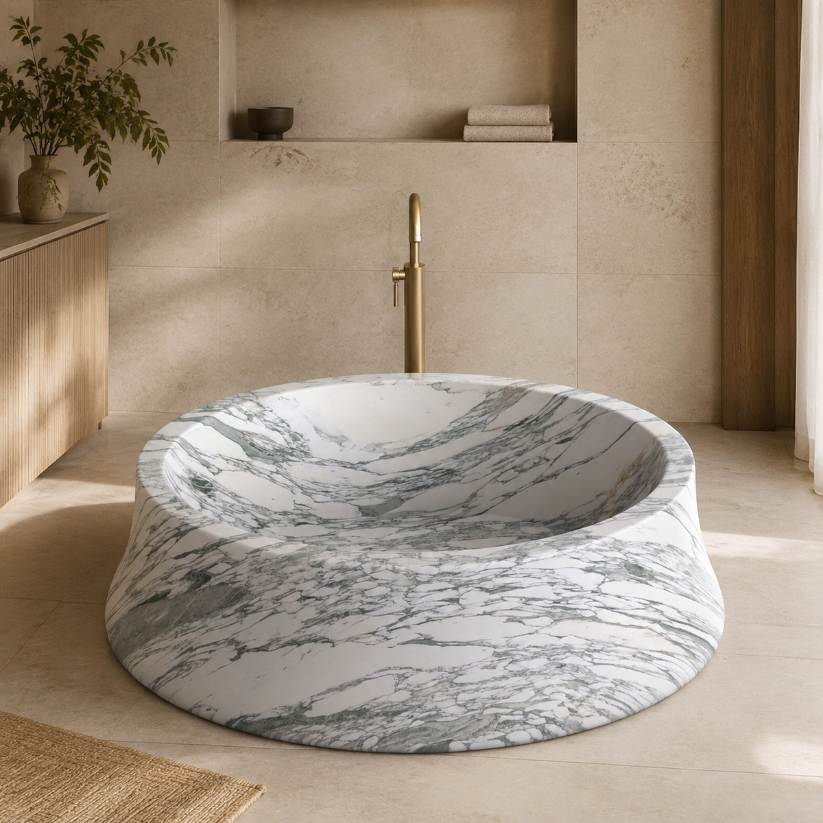 Orlena Sculptural Flared Round Freestanding Soaking Bathtub – Italian Arabescato Marble in a warm ivory-limestone luxury bathroom; exact product geometry and material preserved