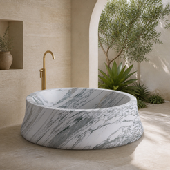 Orlena Sculptural Flared Round Freestanding Soaking Bathtub – Italian Arabescato Marble in a bright serene courtyard spa bathroom; exact product geometry and material preserved