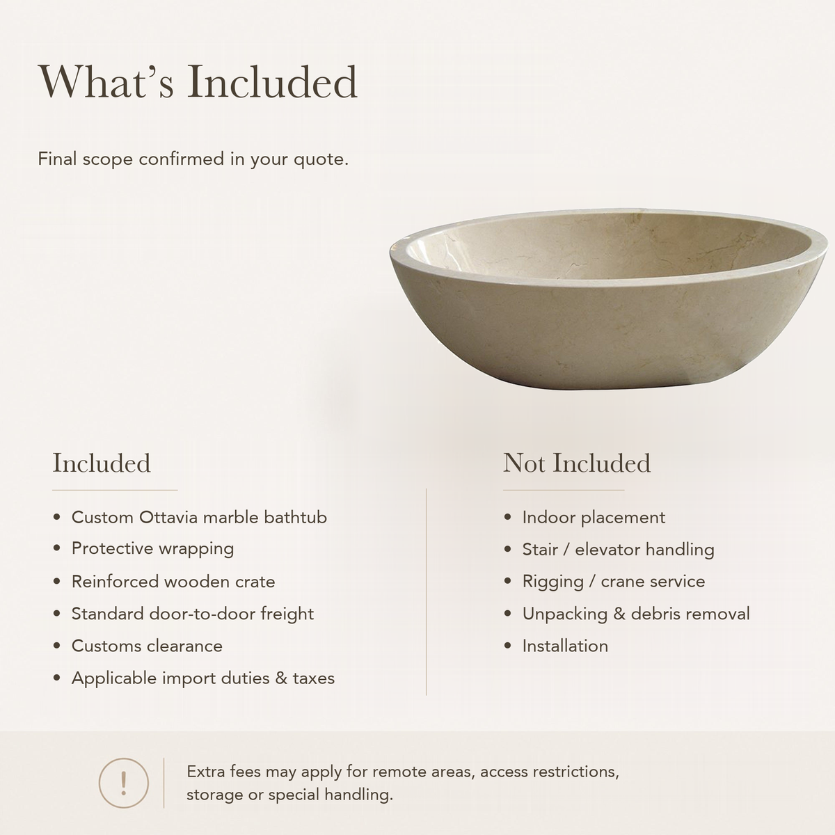 Ottavia Oval Bowl Freestanding Soaking Bathtub – Spanish Crema Marfil Marble — What’s Included in the Reference Price.