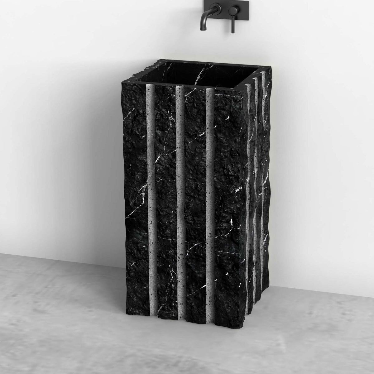 Pablo Portoro Black Marble Pedestal Sink — original bathroom view showing the full rectangular pedestal and recessed basin