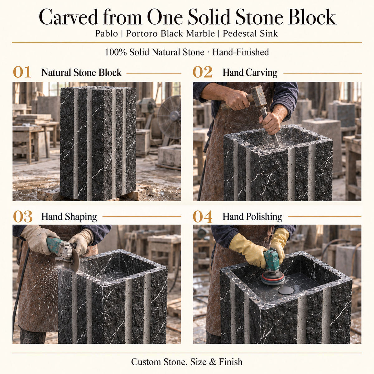 Pablo Portoro Black Marble Pedestal Sink carved from one solid natural stone block with hand carving, shaping and polishing