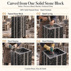 Pablo Portoro Black Marble Pedestal Sink carved from one solid natural stone block with hand carving, shaping and polishing
