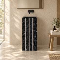 Pablo Portoro Black Marble Pedestal Sink — low frontal bathroom lifestyle