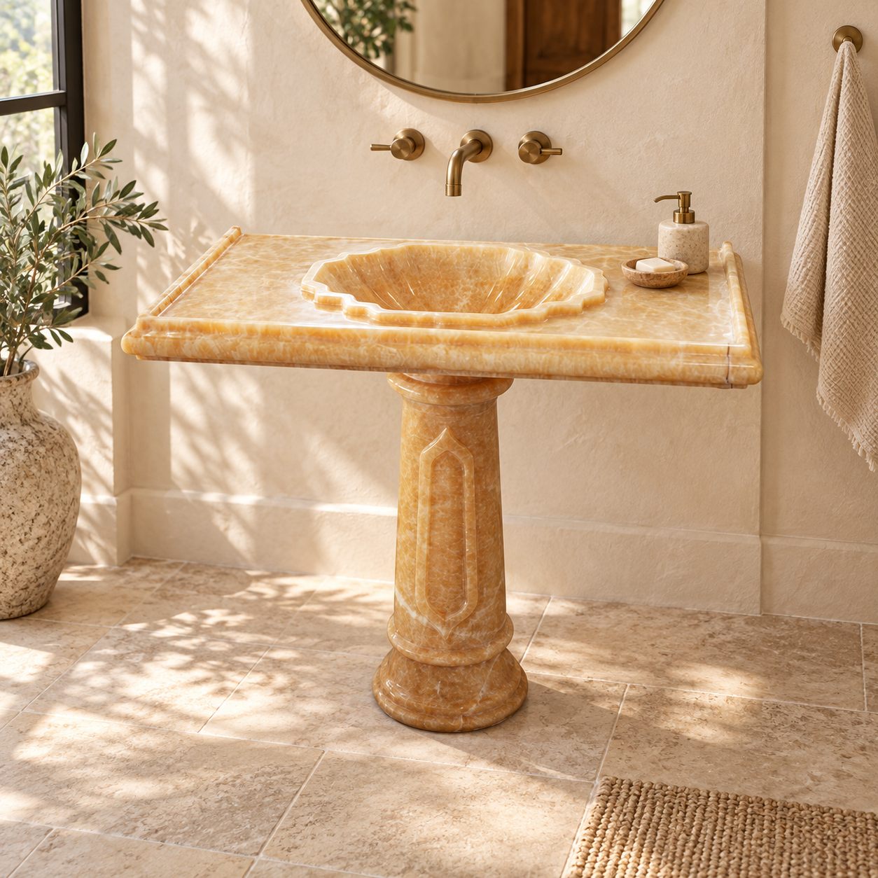 Paddy Honey Onyx Pedestal Sink — complete pedestal sink in a warm plaster bathroom